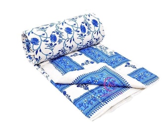 Handmade Floral Hand Block Print Cotton Quilt, Twin Size