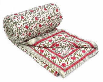Floral Block Print Cotton Quilt, Reversible Queen Size