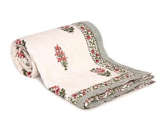 Hand Block Printed Cotton Quilt, Reversible Floral Jaipuri Bedspread (Twin/Queen)