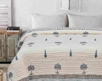 Hand Block Printed Cotton Quilt, Floral Indian Razai, Reversible