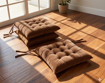 Tufted Velvet Seat Cushion, Plush Chair Pad with Ties