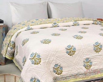 Hand Block Printed Cotton Quilt, Floral Rose Razai, Reversible Quilt