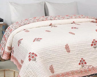 Hand Block Printed Cotton Quilt, Floral Rose Razai, Reversible Quilt