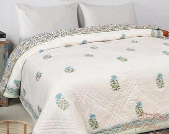 Hand Block Printed Cotton Quilt, Floral Rose Razai, Reversible Quilt