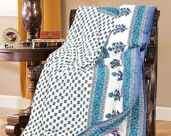 Edredón de algodón con estampado a mano, cubrecama étnico floral azul, manta Kantha bohemia india