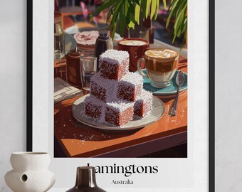 Lamingtons Food Poster - Australia Wall Art, Kitchen Decor, Lamingtons Food Print, Australia Cuisine Illustration, Foodie Travel Art