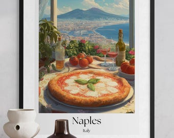 Póster gastronómico de Nápoles: arte mural de pizza, decoración de cocina, impresión de cocina italiana, ilustración de platos italianos, arte gastronómico para viajes