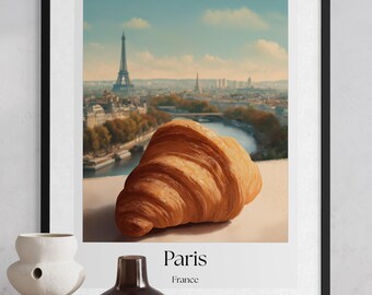 Paris Food Poster - Croissant Wall Art, Kitchen Decor, French Cuisine Print, French Dish Illustration, Foodie Travel Art