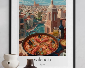 Valencia eten poster - paella kunst aan de muur, keukendecor, Spaanse keuken print, Spaanse gerecht illustratie, foodie reiskunst