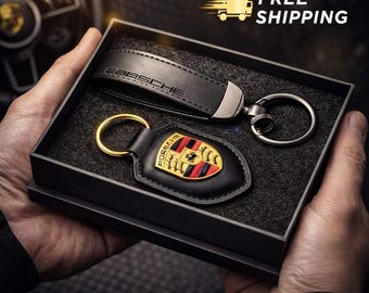 For Porsche Leather Keychain set: Car Crest Key Ring - German Made