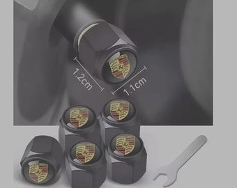 5 Pcs Porsche Black Valve Aluminium Stem Caps with Coloured Crest Set