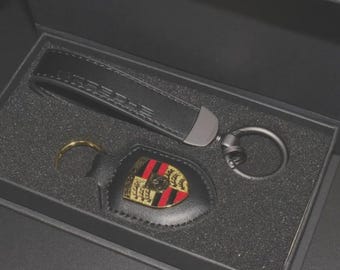 For Porsche Leather Keychain set: Car Crest Key Ring - German Made