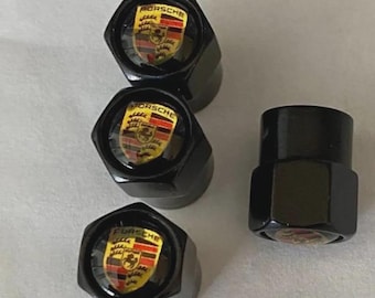 Porsche Black Valve Aluminium Stem Caps with Coloured Crest Set 4 Pcs