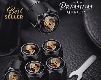 Porsche Aluminium Valve Stem Caps – Black with Coloured Crest – Set of 5