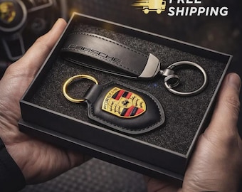 For Porsche Leather Keychain set: Car Crest Key Ring - German Made