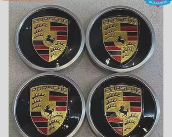 Porsche Wheel Center Caps 76mm: Gloss Black, Silver Crest (Set of 4)