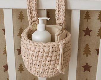かぎ針編みハンギングバスケット：コットン製壁掛け収納バッグ、子供