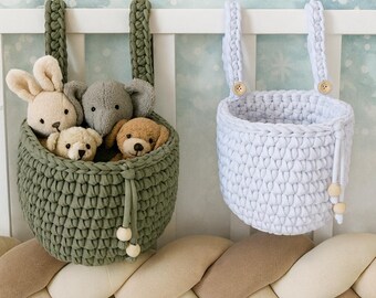 Handmade Crochet Hanging Basket for Toy Storage, Woven Rope Organizer, Nursery Storage, Housewarming or Christmas Gift