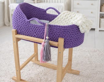 Toy Carrycot Crochet Doll Cradle, Boho Basket Bassinet for Doll, Small Wicker Pram Style, Doll Accessories, Toy for Girl, Birthday Gift