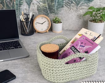Handmade Crochet Book Basket, Large Woven Fabric Storage Organizer With Farmhouse Rustic Style, Decorative Home Basket Christmas Gift,