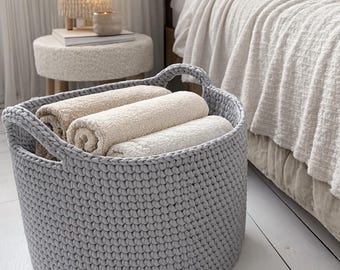 Cesta de almacenamiento tejida multiusos con cuerda de algodón, cesta de ganchillo para mantas de ropa, cesta redonda para el suelo, organizador de pañales de regalo.