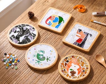 Kit de posavasos de mosaico para adultos, kit de manualidades de vidrieras con animales precortados, divertido proyecto artístico, regalo para ella, suministros de decoración para el hogar hechos a mano.