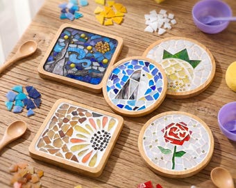 Mosaic Coaster DIY Kit Adult Craft Kits Bohemian Home Decor Housewarming Gift for Her Handmade Glass Mosaic Art Set