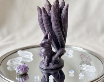 Rose Quartz Nine Tailed Fox Crystal Carving, Natural Hand Crafted