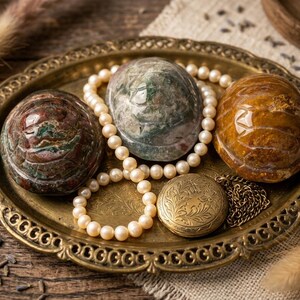 Puede incluir: Tres figuras de tortuga de piedra pulida en tonos rojo oscuro, verde moteado y marrón dorado sobre una bandeja ovalada de latón. Un collar de perlas blancas y un relicario redondo de latón grabado con una cadena fina rodean las figuras.