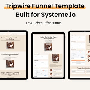 May include: Three digital tablets displaying a "Tripwire Funnel Template" built for Systeme.io. The screens show a planning guide, with the text "Plan the next 30 days without overthinking" and "Inside the 30-Day Calm Planning Guide."