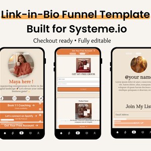 Pode incluir: Três smartphones exibindo um modelo de funil Link-in-Bio. O modelo é construído para Systeme.io e é totalmente editável. As telas mostram um perfil, uma inscrição em um e-book e um formulário de inscrição na newsletter. O esquema de cores é laranja e bege.