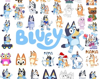 Pacchetto di oltre 100 immagini PNG e SVG di cani blu + font BONUS, set di clipart Bluey Dog Bingo con disegni originali per lavoretti di compleanno, colorazione e stampa.