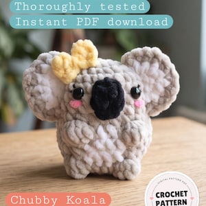 May include: A crochet koala plush with light gray fur, a black nose, pink cheeks, and a yellow bow. Text reads: Human designed (no AI!), Thoroughly tested, Instant PDF download, Chubby Koala Crochet Pattern, Digital Pattern PDF, English with US terms.