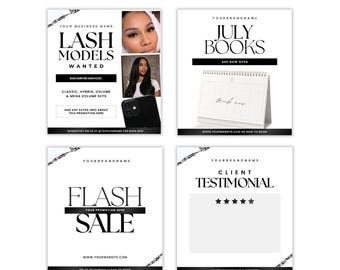 Lash Artist Marketing Bundle | Editable Canva Templates | Models Wanted Flyer, Flash Sale, Bookings Open & Client Testimonial Templates