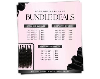 Pink Hair Bundles Price List Template, Hair Sales Flyer, Wig Pricelist, Hairstylist Pricing, Editable Canva Template