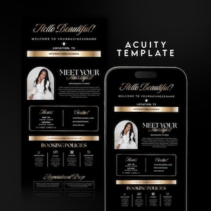 May include: A digital marketing template for a hair salon business, featuring a black background with gold accents and text. The layout includes sections for business name, location, stylist photo, hours, contact info, and booking policies.
