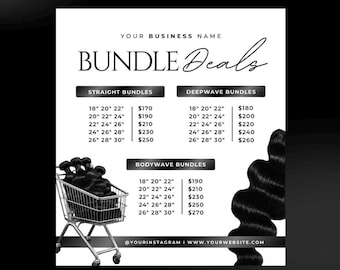 Hair Bundles Price List Template, Hair Sales Flyer, Wig Pricelist, Hairstylist Pricing, Editable Canva Template Black & White