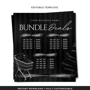 May include: Black and white flyer with the text "BUNDLE Deals" and product details. The flyer includes sections for Straight, Deepwave, and Bodywave bundles, with length and price listings. A shopping cart and hair bundles are also shown.