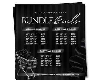 Hair Bundles Price List Template, Hair Sales Flyer, Wig Pricelist, Hairstylist Pricing, Editable Canva Template