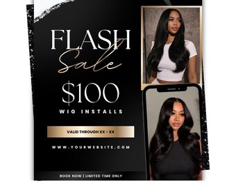 Wig Install Flash Sale Canva Flyer Template | Hair Stylist Instagram Flyer | Editable Beauty Promo | Salon Marketing Post | Gold