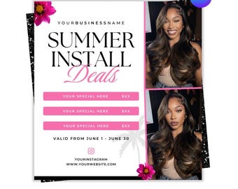 Summer Install Specials Flyer, Hair Stylist Booking Flyer, Pink Editable Canva Template