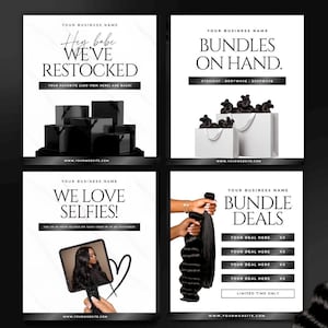 Op de afbeelding: Vier promotionele afbeeldingen in zwart en wit. Eén afbeelding zegt "Hey babe WE'VE RESTOCKED". Een andere zegt "BUNDLES ON HAND". Een derde zegt "WE LOVE SELFIES!". De laatste zegt "BUNDLE DEALS".