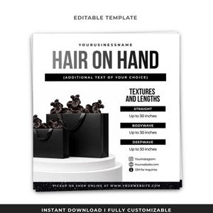 May include: A black and white advertisement template with the text "HAIR ON HAND" and "TEXTURES AND LENGTHS". The image features black shopping bags with hair bundles. The text includes "STRAIGHT", "BODYWAVE", and "DEEPWAVE" up to 30 inches.