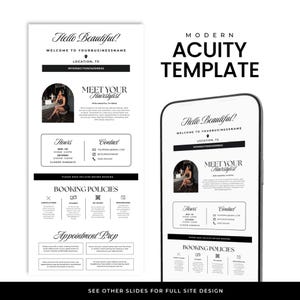 May include: A digital Acuity template for a hair salon business, featuring a white background with black text. The layout includes sections for business name, location, hours, contact info, booking policies, and appointment prep instructions.