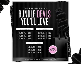 Hair Bundles Price List Template, Hair Sales Flyer, Wig Pricelist, Hairstylist Pricing, Editable Canva Template