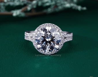 4 CT Lab Grown Diamond Halo Engagement Ring, Split Shank Pave Band (IGI Certified)