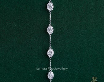 Oval E-VVS Lab Grown Diamond Station Bracelet, Bezel Set Diamond Gold Chain Bracelet, Dainty 14k Gold Bracelet, Minimalist Bridal Jewelry