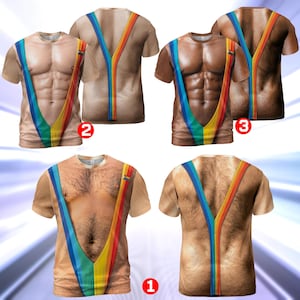 Men's Muscle Chest Harness Shirt, LGBT Flag Costume Tee, Hairy Body Graphic T-Shirt, Gay Pride Festival Party Outfit Gift for Him, Outfit