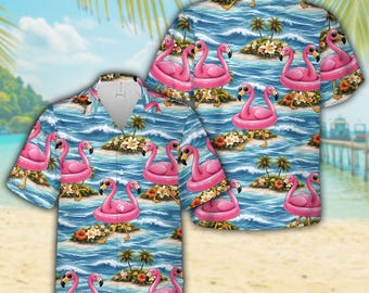 Camisa hawaiana Floatie Flamingo para hombre y mujer, camisa tropical Aloha playera con botones, camisa para fiestas de verano en bares y vacaciones, regalo para atuendos de luau isleño