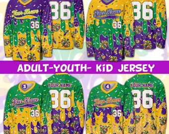 Camiseta de hockey personalizada con nombre de Mardi Gras, camiseta de hockey personalizada con flor de lis y helado Sprinkles, atuendo de carnaval de Mardi Gras para comparsas.